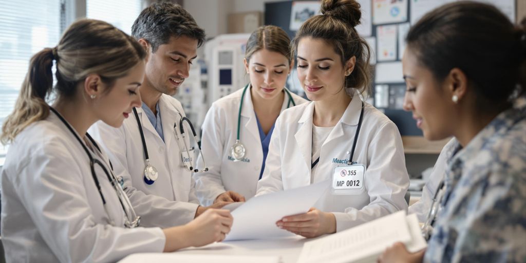 Profissionais de saúde revisando arquivos médicos juntos.