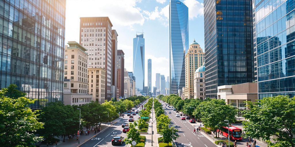 Imagem de um distrito financeiro moderno e vibrante.