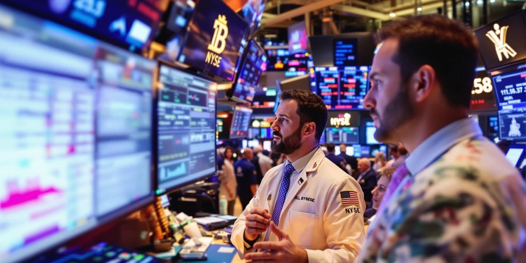 Piso da bolsa com traders interagindo energicamente.