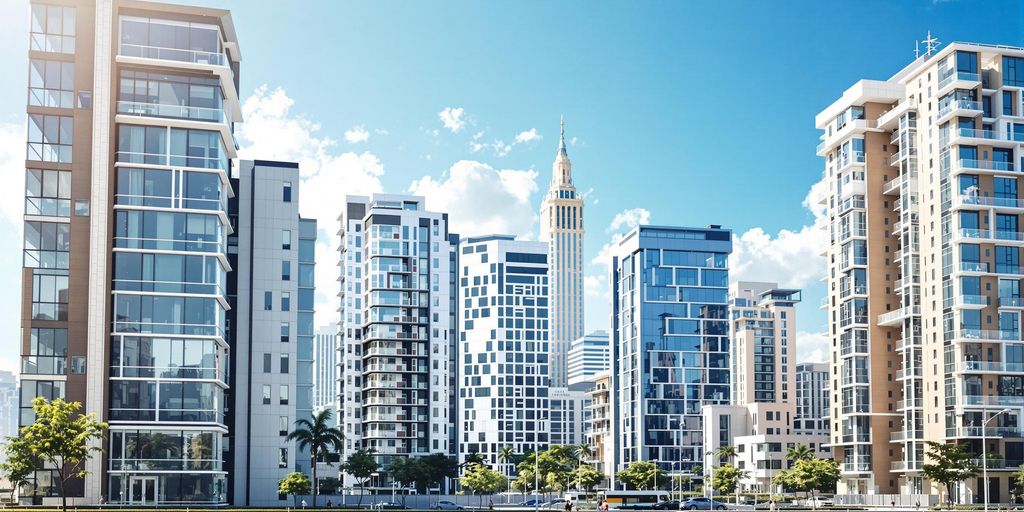 Vista de edifícios modernos para investimentos imobiliários.